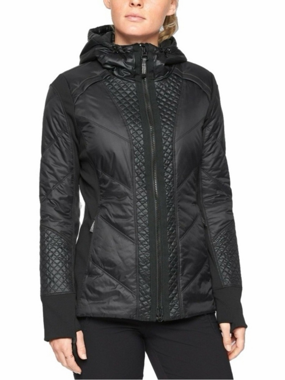 NWT Athleta Black Quilted Hooded Puffer Jacket Rock Ridge Primaloft